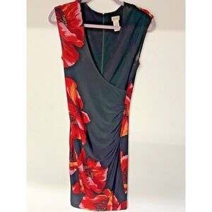 Cache Black Floral Ruched Sheath Dress Women 2 Red Poppy Sleeveless Cocktail